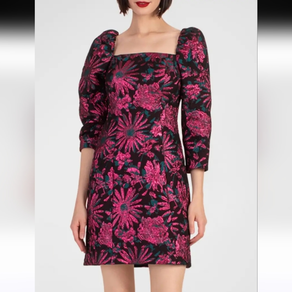 Trina Turk Black Dress with Pink Teal Floral Jacquard